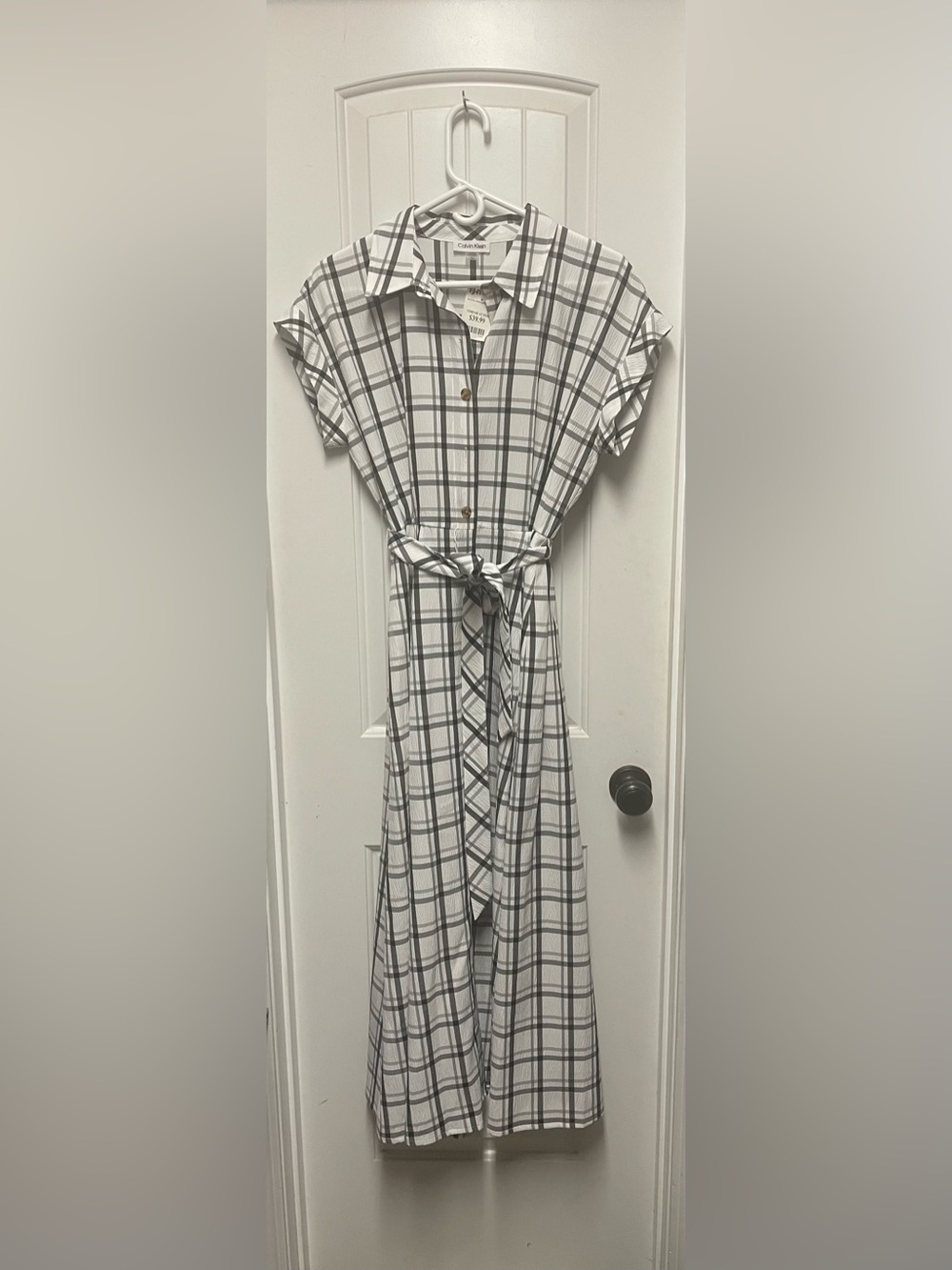 White and Gray Plaid Button-Front Tie-Waist Dress